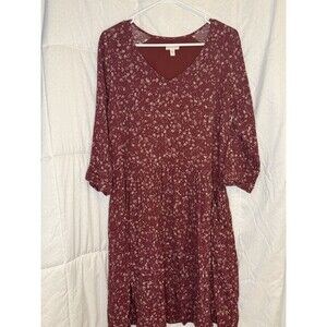 Garnet Hill Bohemian Pocket-Detail Dress 10 Medium Burgundy Floral 3/4 Sleeves